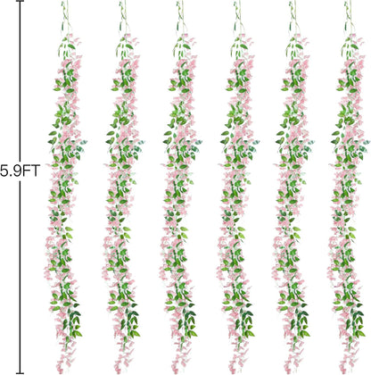6Pcs Wisteria Garland Artificial Flowers Garland Fake Hanging Wisteria Vines Rattan Silk Hanging Flower Vines for Home Garden Outdoor Wedding Arch Party Ceremony Total 35.4Ft (Purple)