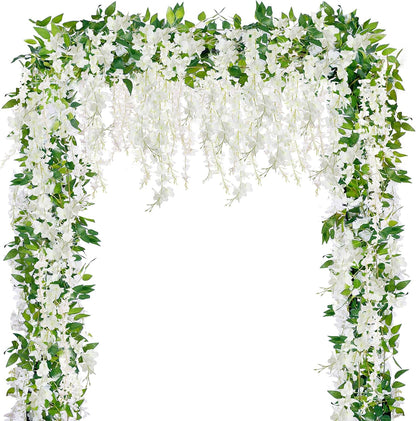 6Pcs Wisteria Garland Artificial Flowers Garland Fake Hanging Wisteria Vines Rattan Silk Hanging Flower Vines for Home Garden Outdoor Wedding Arch Party Ceremony Total 35.4Ft (Purple)