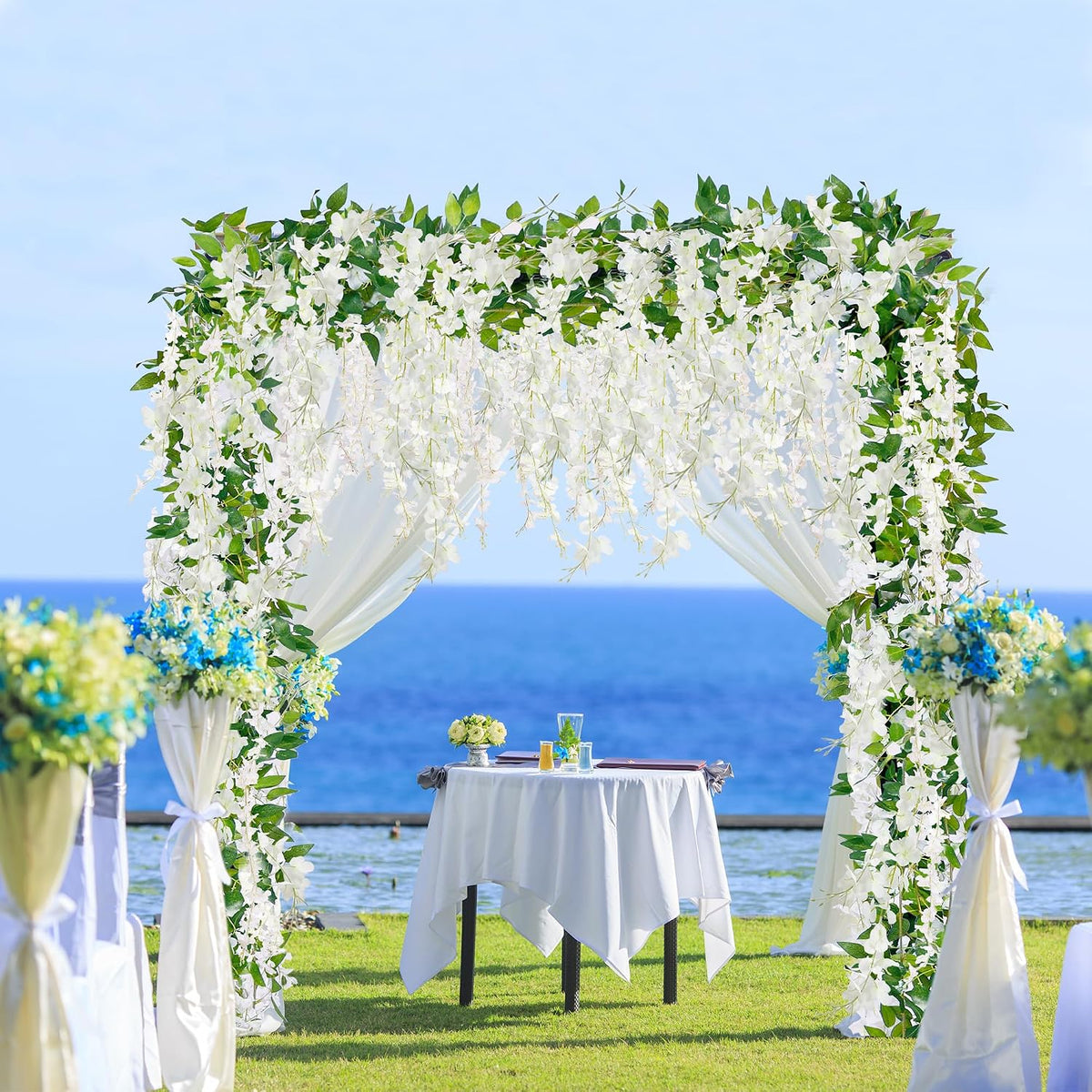 6Pcs Wisteria Garland Artificial Flowers Garland Fake Hanging Wisteria Vines Rattan Silk Hanging Flower Vines for Home Garden Outdoor Wedding Arch Party Ceremony Total 35.4Ft (Purple)