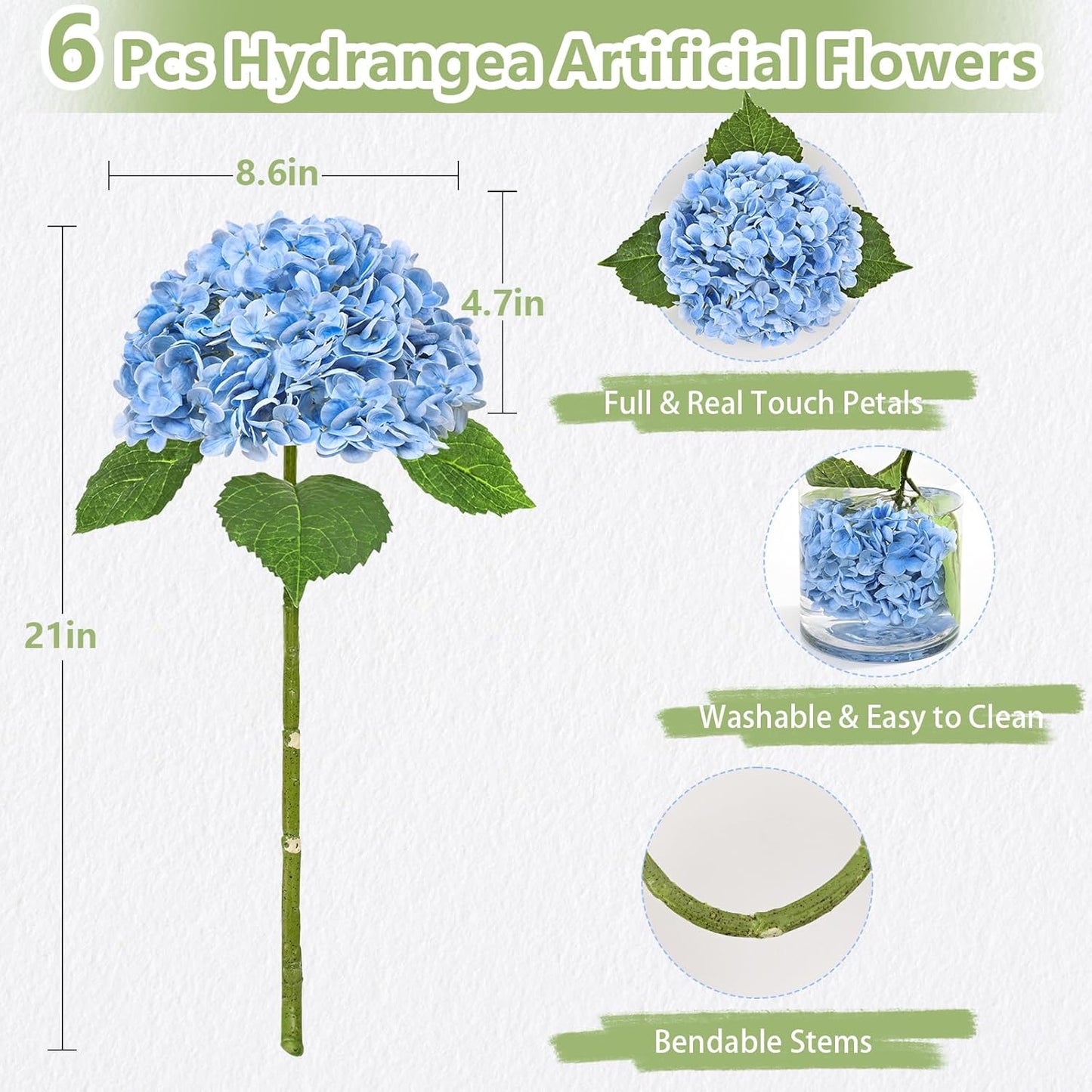 Hydrangea Artificial Flowers, Faux Hydrangea Flowers, White, 3 Pcs | Real Touch Hydrangeas, Full Latex Petals, 21" Long Stem Fake Flowers, for Home Floral Arrangements Wedding Outdoor Decor