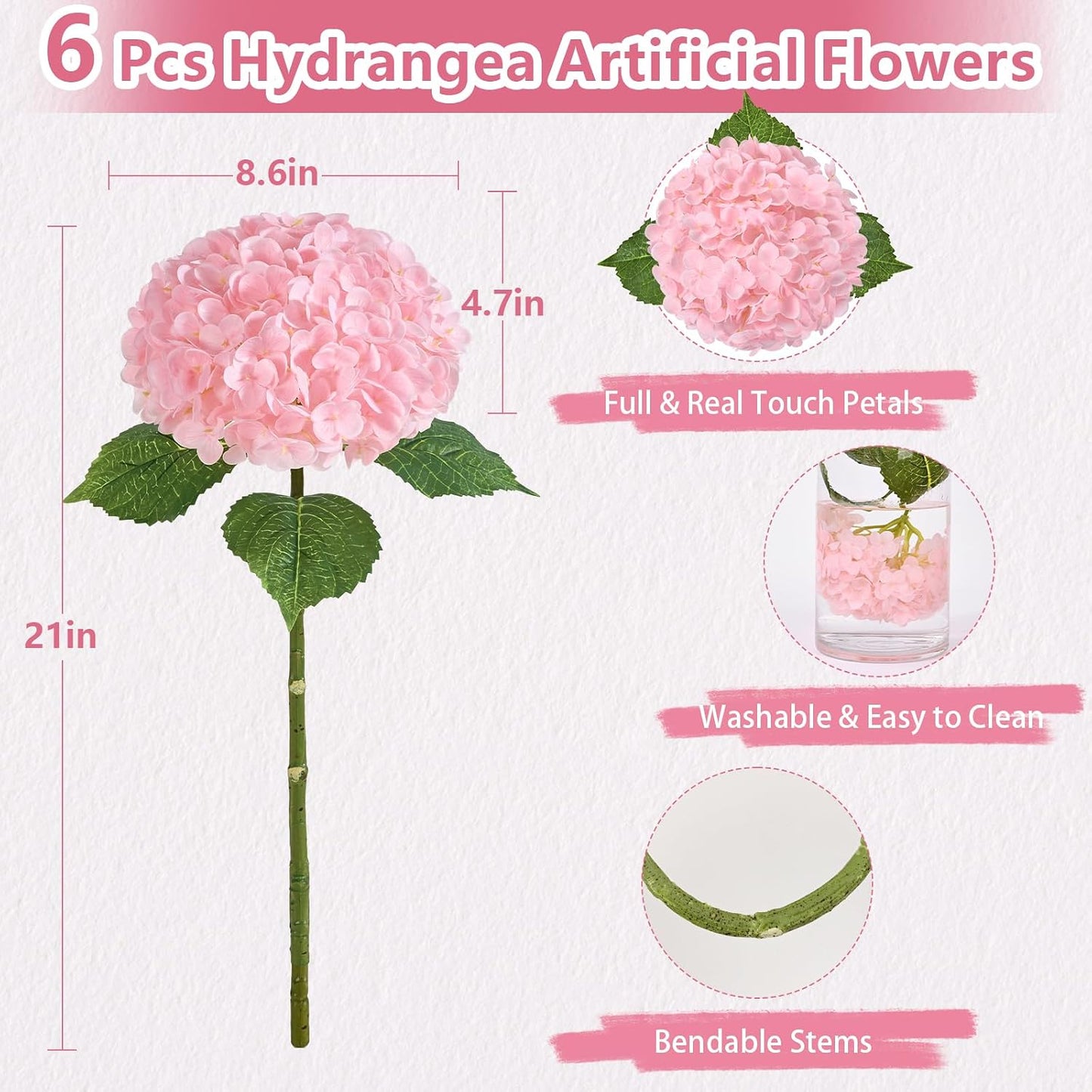 Hydrangea Artificial Flowers, Faux Hydrangea Flowers, White, 3 Pcs | Real Touch Hydrangeas, Full Latex Petals, 21" Long Stem Fake Flowers, for Home Floral Arrangements Wedding Outdoor Decor