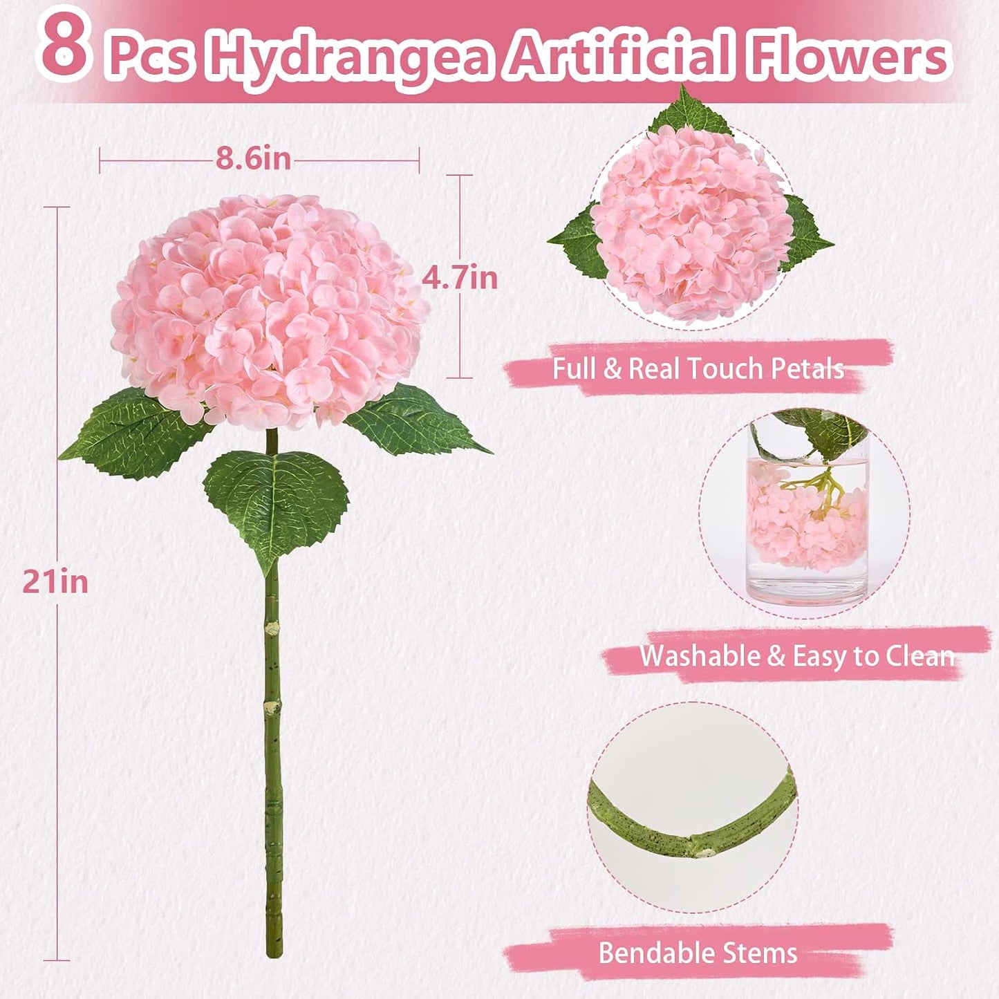 Hydrangea Artificial Flowers, Faux Hydrangea Flowers, White, 3 Pcs | Real Touch Hydrangeas, Full Latex Petals, 21" Long Stem Fake Flowers, for Home Floral Arrangements Wedding Outdoor Decor