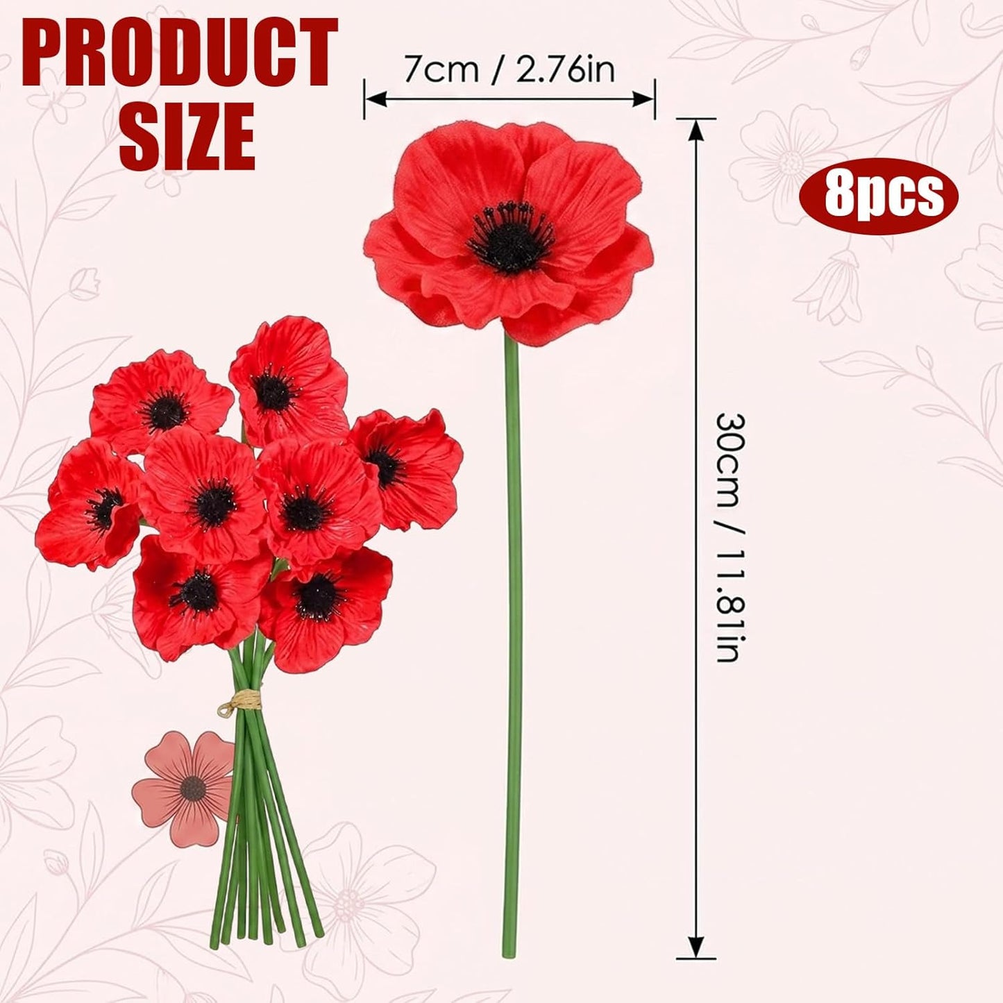 8Pcs Poppy Flowers Artificial, Poppy Bouquet for Home Decor, Red Poppies Artificial Flowers, Vibrant Red Artificial Poppy Arrangement for Vases and Table Centerpieces