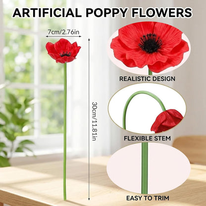 8Pcs Poppy Flowers Artificial, Poppy Bouquet for Home Decor, Red Poppies Artificial Flowers, Vibrant Red Artificial Poppy Arrangement for Vases and Table Centerpieces