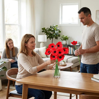 8Pcs Poppy Flowers Artificial, Poppy Bouquet for Home Decor, Red Poppies Artificial Flowers, Vibrant Red Artificial Poppy Arrangement for Vases and Table Centerpieces