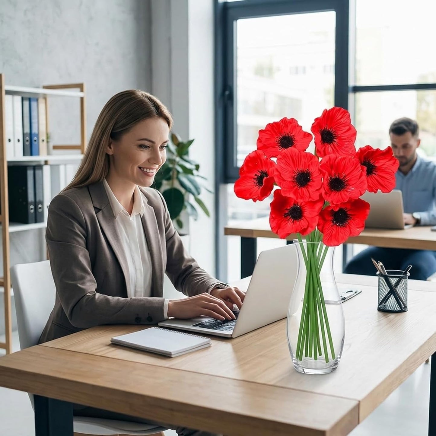 8Pcs Poppy Flowers Artificial, Poppy Bouquet for Home Decor, Red Poppies Artificial Flowers, Vibrant Red Artificial Poppy Arrangement for Vases and Table Centerpieces