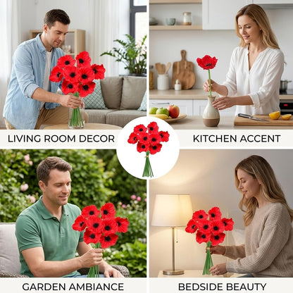8Pcs Poppy Flowers Artificial, Poppy Bouquet for Home Decor, Red Poppies Artificial Flowers, Vibrant Red Artificial Poppy Arrangement for Vases and Table Centerpieces