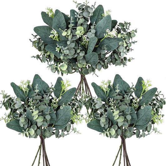 20 Pcs Mixed Artificial Oval Eucalyptus Leaves Bulk with White Seeds Stems and Spray for Vase Floral Wreath Bouquets Wedding Greenery Decoration
