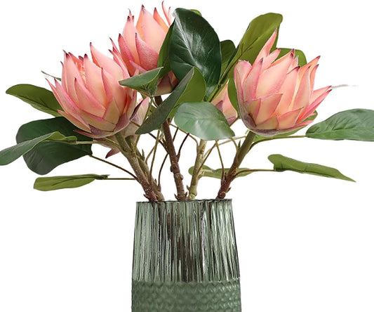 3 Pcs Artificial Protea Flowers, Real Touch Faux Pink King Protea Arrangements for Home, Wedding, Party, Office Table Centerpiece Decor