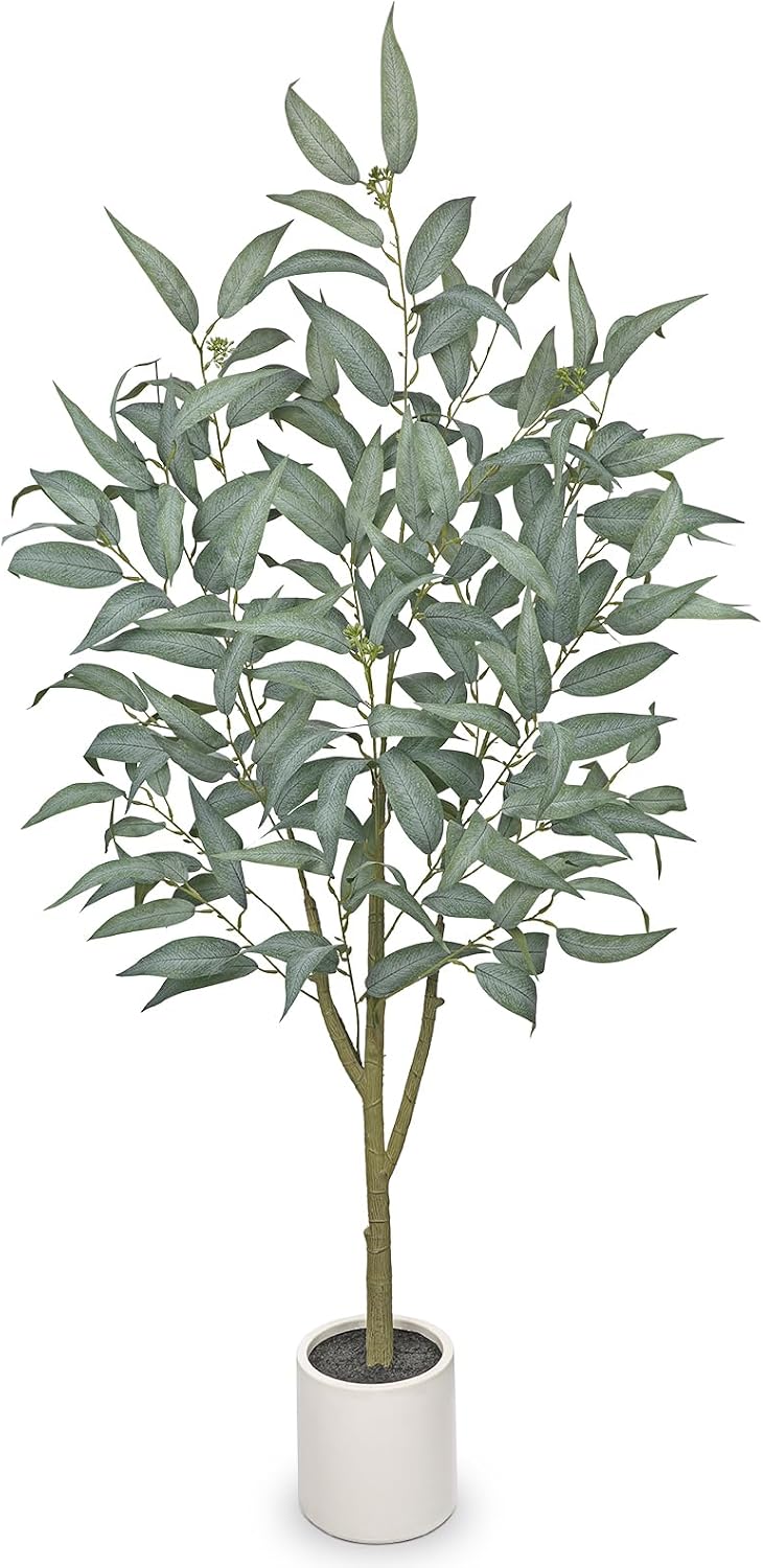 Eucalyptus Trees Artificial Indoor - 3FT Tall Faux Eucalyptus Plants in White Planter, Fake Plant Décor for Farmhouse Bedroom Office Room Hallway Decoration