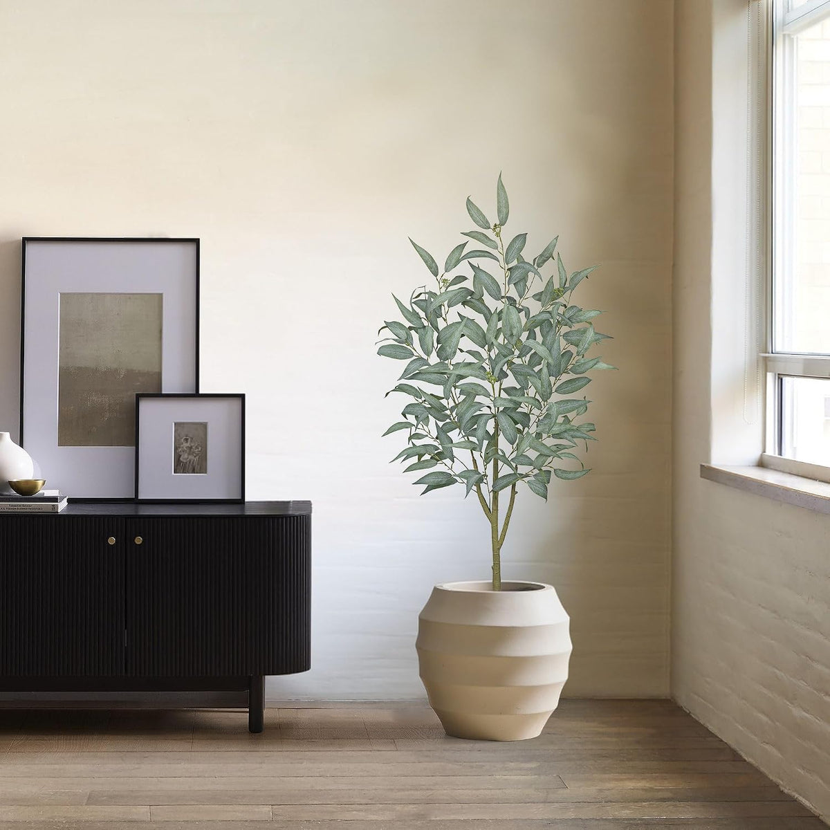 Eucalyptus Trees Artificial Indoor - 3FT Tall Faux Eucalyptus Plants in White Planter, Fake Plant Décor for Farmhouse Bedroom Office Room Hallway Decoration