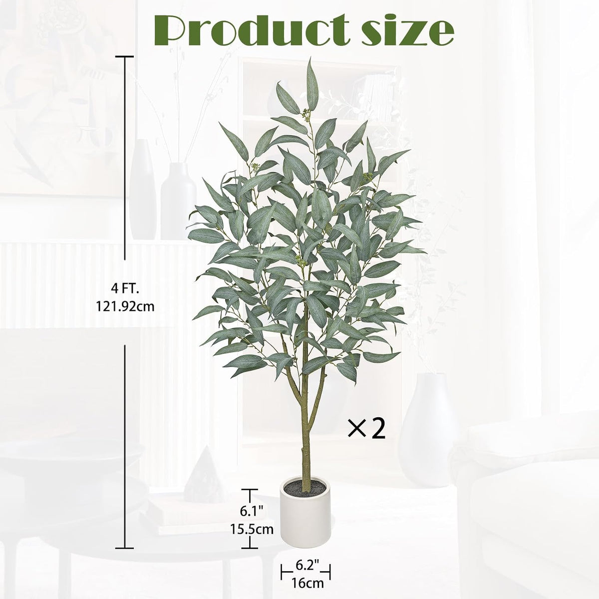 Eucalyptus Trees Artificial Indoor - 3FT Tall Faux Eucalyptus Plants in White Planter, Fake Plant Décor for Farmhouse Bedroom Office Room Hallway Decoration
