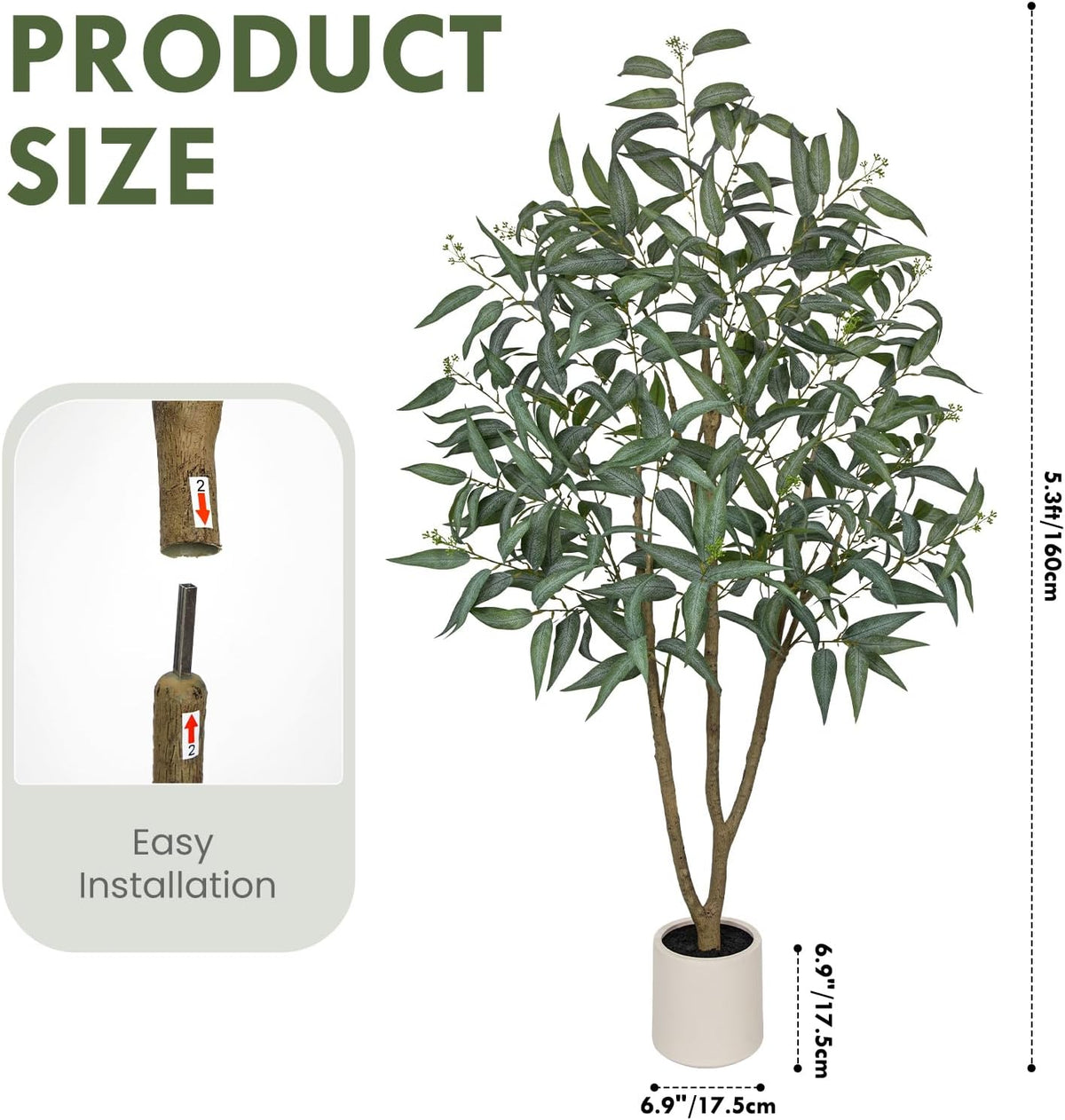 Eucalyptus Trees Artificial Indoor - 3FT Tall Faux Eucalyptus Plants in White Planter, Fake Plant Décor for Farmhouse Bedroom Office Room Hallway Decoration