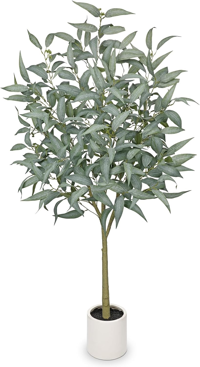 Eucalyptus Trees Artificial Indoor - 3FT Tall Faux Eucalyptus Plants in White Planter, Fake Plant Décor for Farmhouse Bedroom Office Room Hallway Decoration