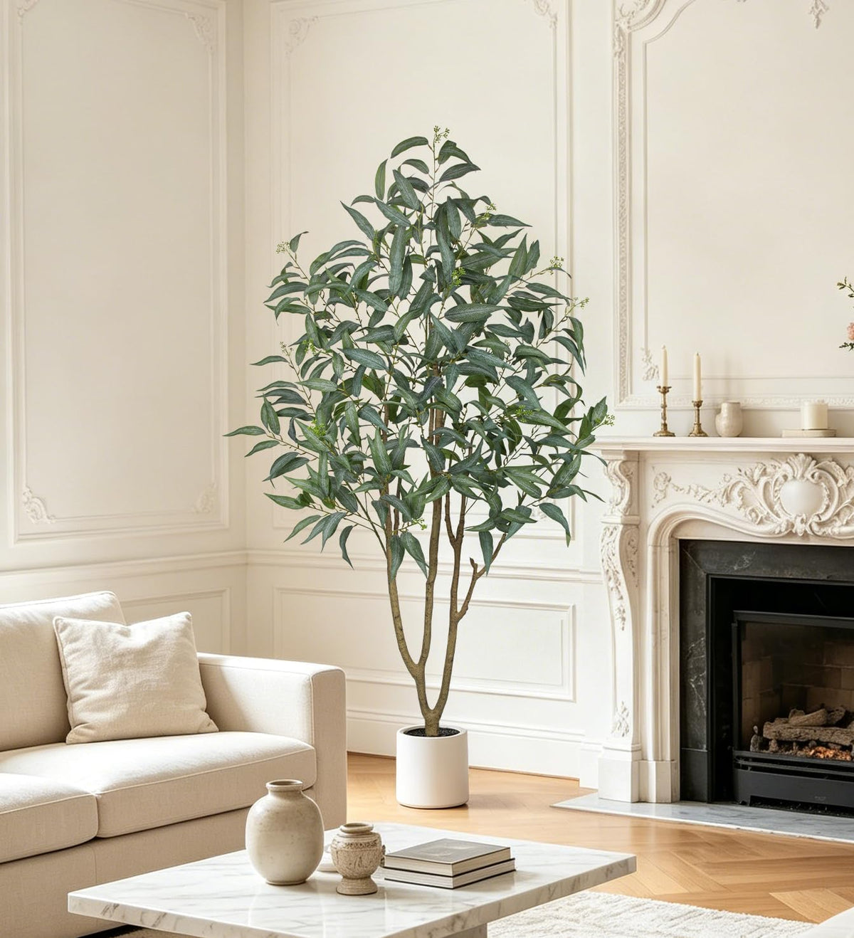 Eucalyptus Trees Artificial Indoor - 3FT Tall Faux Eucalyptus Plants in White Planter, Fake Plant Décor for Farmhouse Bedroom Office Room Hallway Decoration