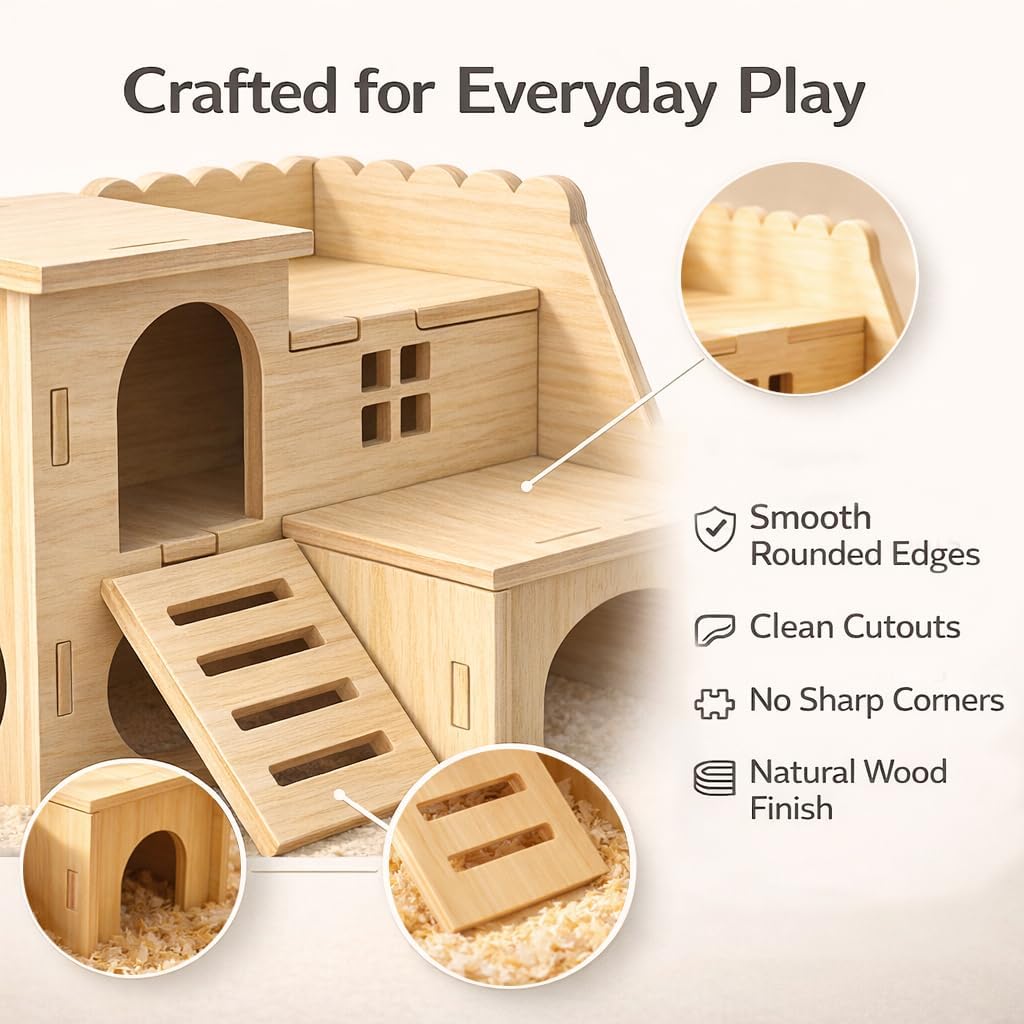 Tiny Hamster Maze Wood House Fun Slide House Double-Decker Hut for Dwarf Gerbil Mouse Mice Rat Small Animals(Only for Small Hamster)