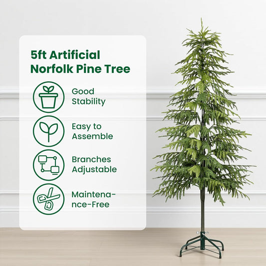 5FT Artificial Norfolk Pine Trees, Real Touch Faux Cedar Topiary Slim Christmas Tree Large Indoor Outdoor Fake Evergreen Plants for Outdoor & Indoor Use Holiday Christmas Decor