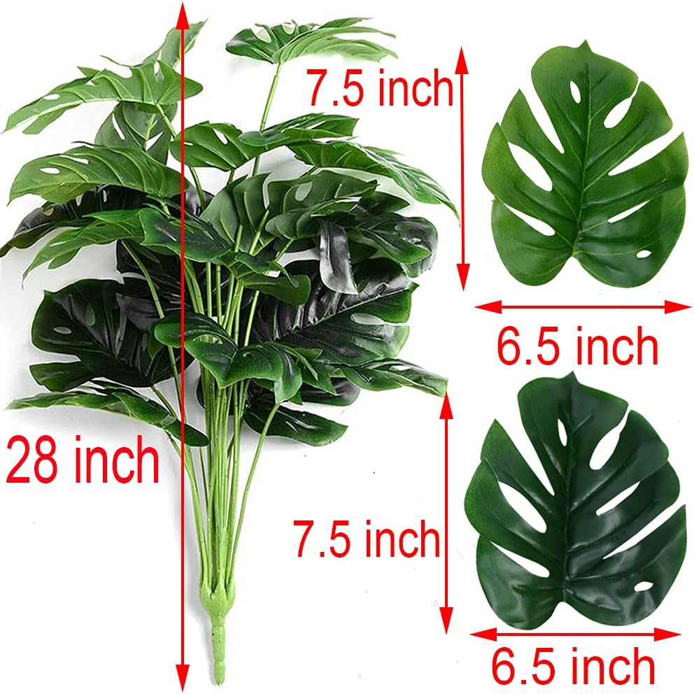 Artificial Palm Leaves Plants Faux Fake Monstera Turtle Leaf Tropical Large Palm Tree Leaves Plant Outdoor UV Resistant Plastic Plants (2 Pcs, Green)