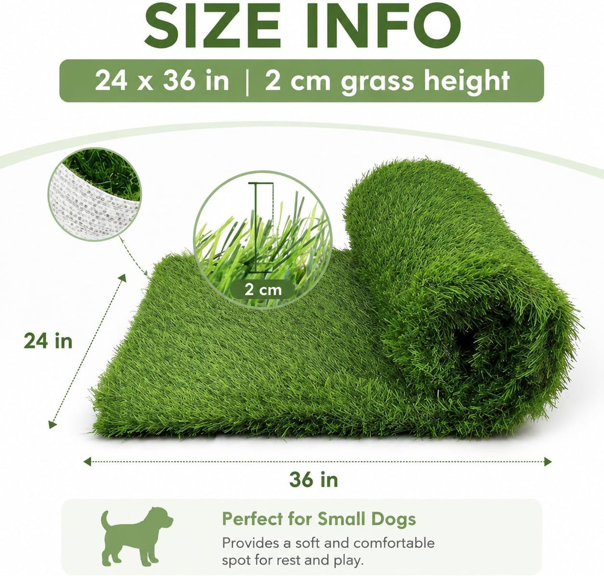 Artificial Grass Dog Potty Pad, 24 x 36 in Indoor Puppy Pee Pad with Non-Slip Rubber Base, Washable Cuttable Turf for Small Dogs, Apartments & Balconies