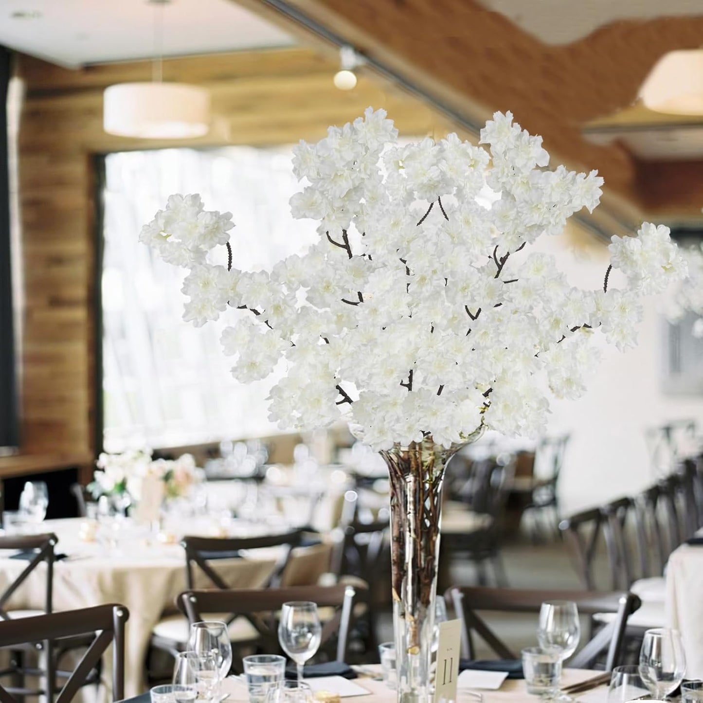 2 Pcs Artificial Cherry Blossom Flowers Branches 41" Faux Cherry Blossom Long Stem Orange Silk Cherry Blossom Tree Tall Fake Flower Arrangement for Home Wedding Centerpieces Spring Indoor Decor