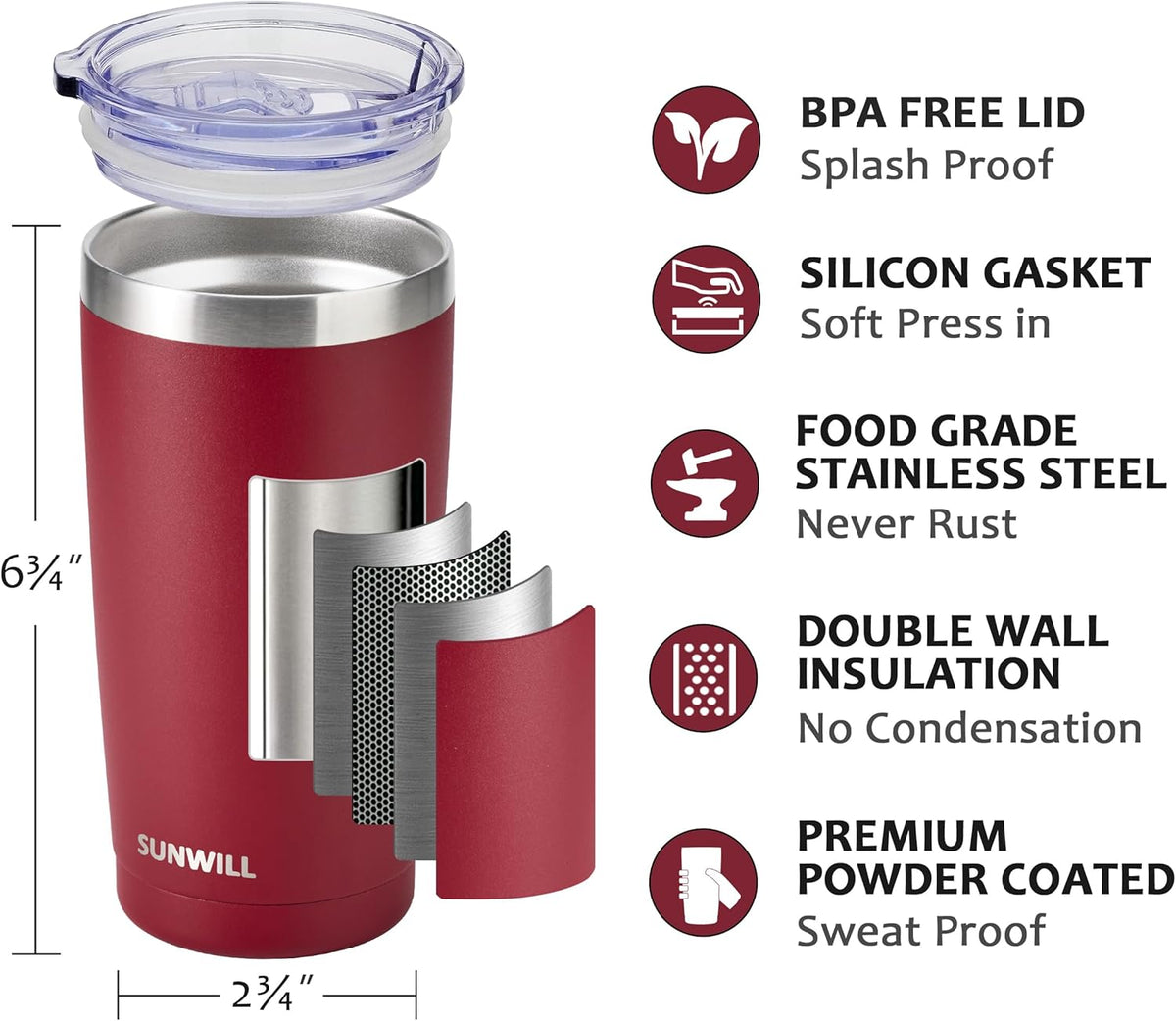 Coffee Tumbler, 20 oz Insulated Travel Mug Stainless Steel