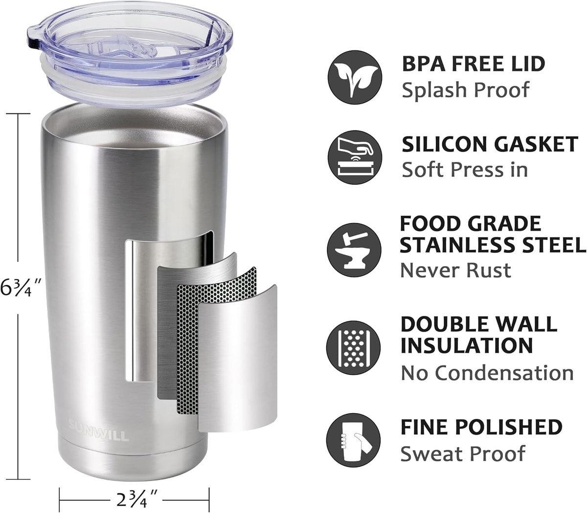 Coffee Tumbler, 20 oz Insulated Travel Mug Stainless Steel