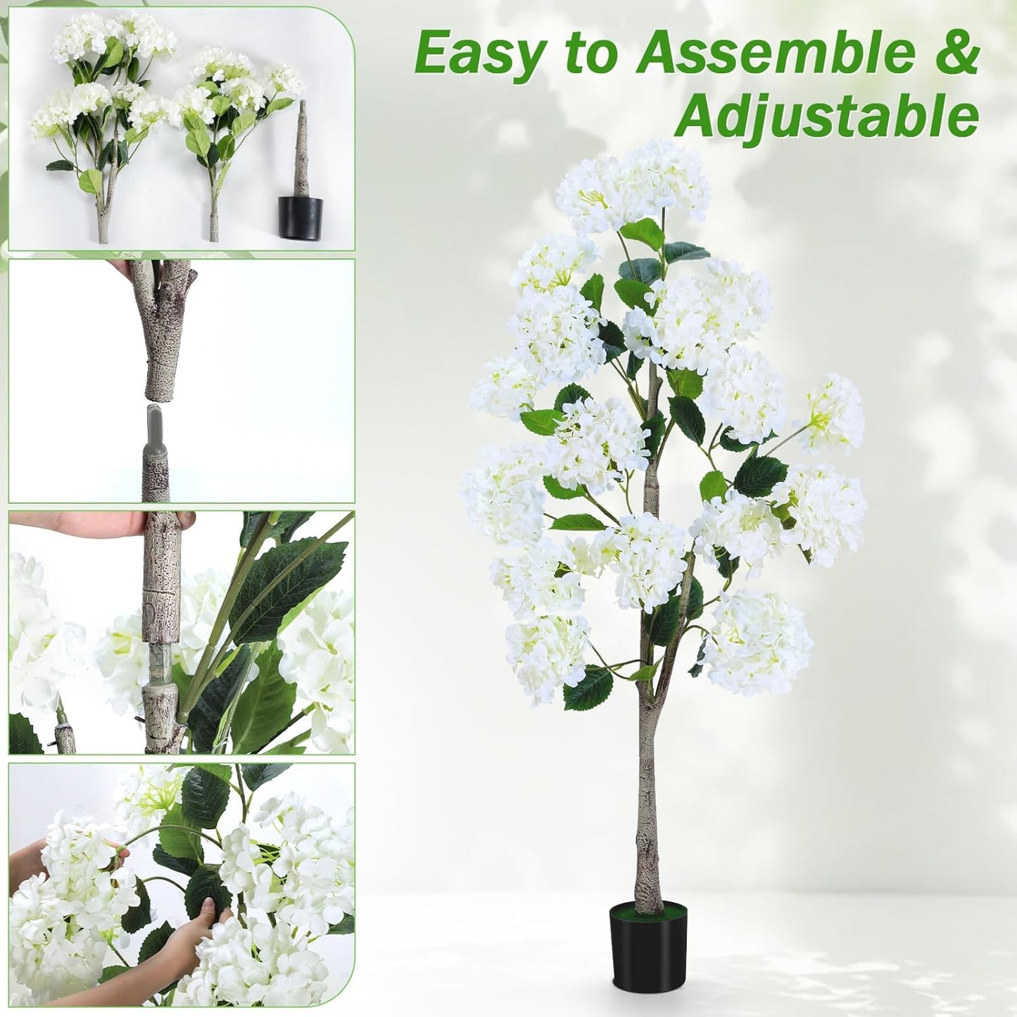 Set of 2 4FT White Artificial Hydrangea Trees in Pots, Realistic Faux Flowering Plants with Silk Blooms and Natural Trunks for Porch, Entryway, Patio, Home Garden Decor