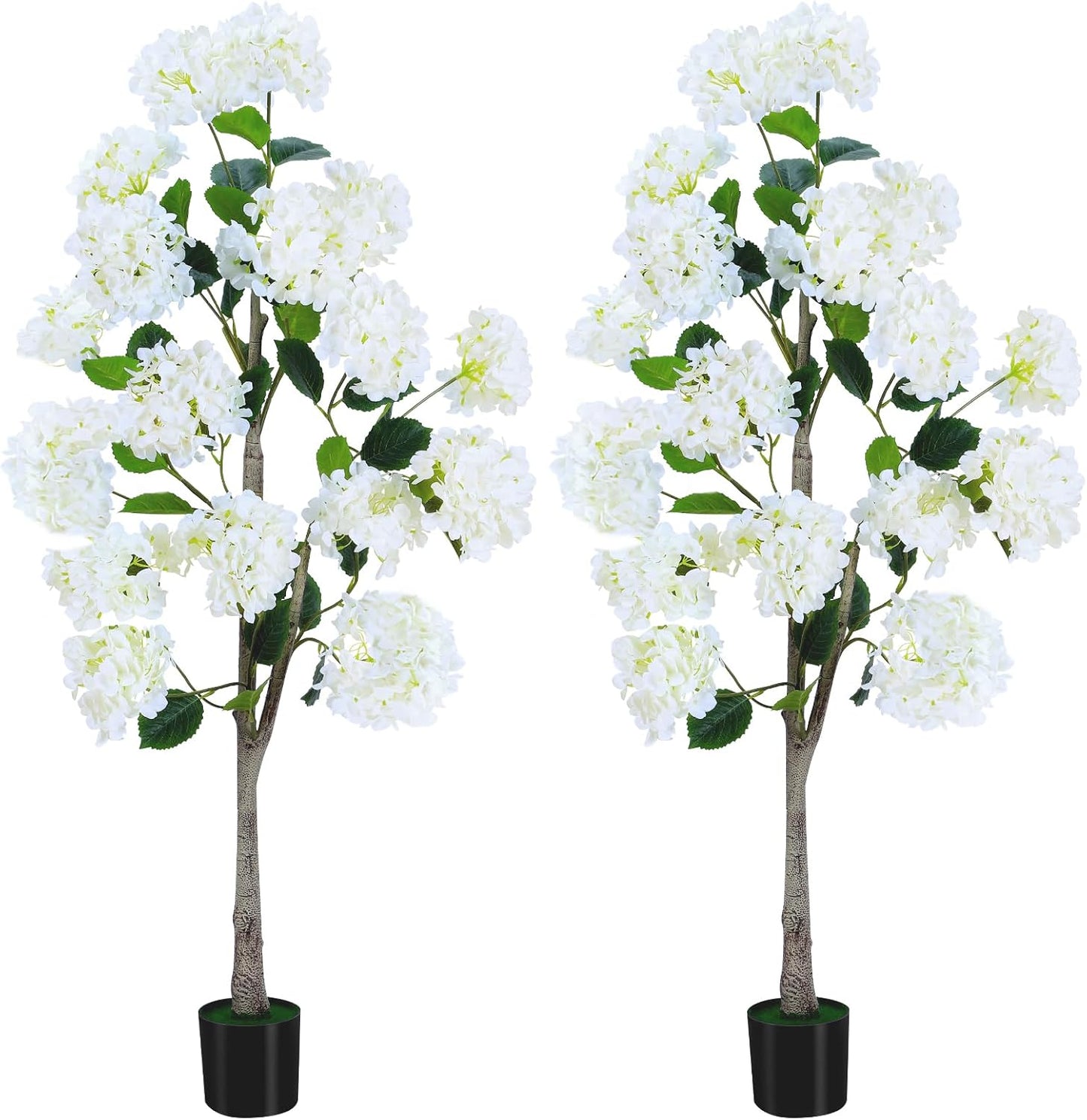 Set of 2 4FT White Artificial Hydrangea Trees in Pots, Realistic Faux Flowering Plants with Silk Blooms and Natural Trunks for Porch, Entryway, Patio, Home Garden Decor