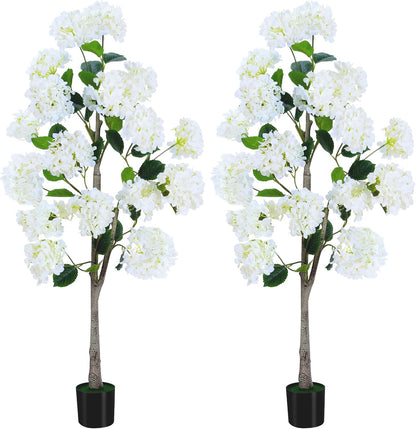 Set of 2 4FT White Artificial Hydrangea Trees in Pots, Realistic Faux Flowering Plants with Silk Blooms and Natural Trunks for Porch, Entryway, Patio, Home Garden Decor