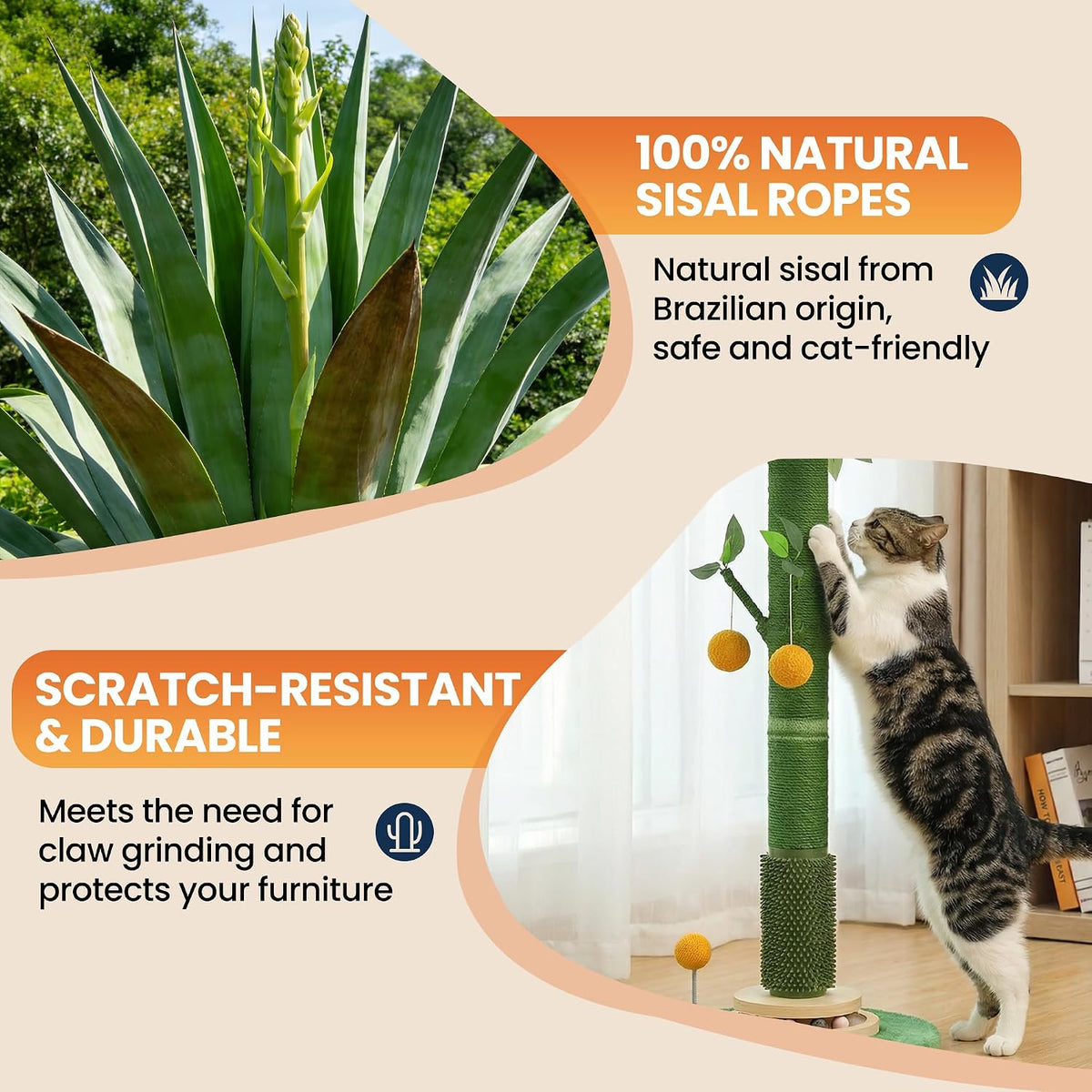46" Extra Tall Cat Scratching Post for Large Cats, Sisal Rope