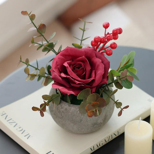 DIY Small Artificial Flowers Potted Kit Fake Flower Realistic Silk Rose and Greenery with Vase for Gifts Table Centerpiece Mantle Office Desk Shelves Living Room Decorations (Burgundy)