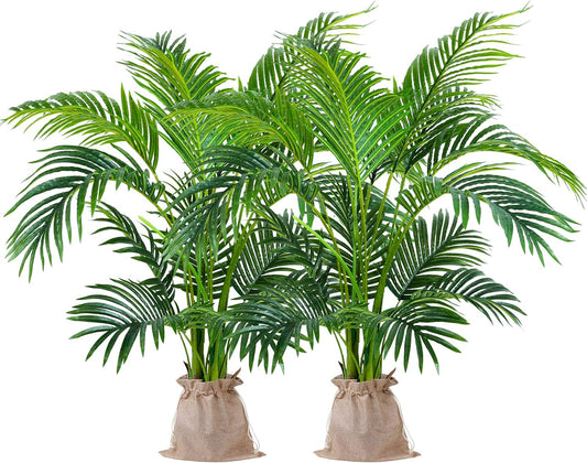 Garden 4ft Artificial Areca Palm Plant in Pot, Fake Cane Palm Silk Tree Indoor Outdoor, Dypsis Lutescens, 47in Lifelike Faux Silk Plant Home Decor, Two Linen Bags Included