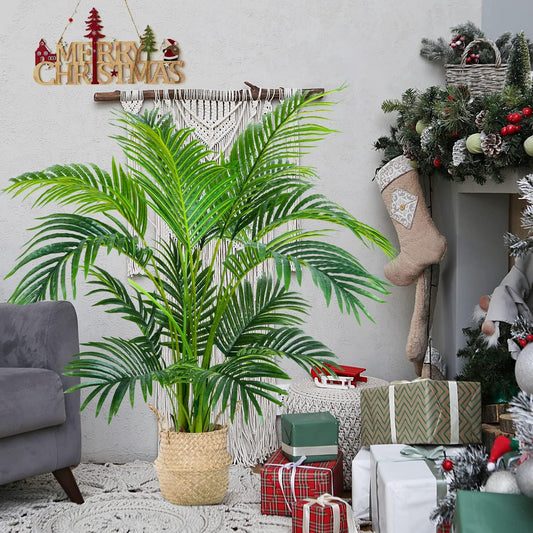 Garden 4ft Artificial Areca Palm Plant in Pot, Fake Cane Palm Silk Tree Indoor Outdoor, Dypsis Lutescens, 47in Lifelike Faux Silk Plant Home Decor, Two Linen Bags Included