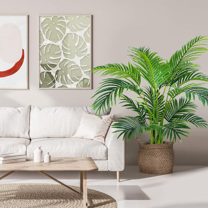 Garden 4ft Artificial Areca Palm Plant in Pot, Fake Cane Palm Silk Tree Indoor Outdoor, Dypsis Lutescens, 47in Lifelike Faux Silk Plant Home Decor, Two Linen Bags Included