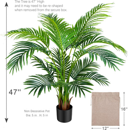 Garden 4ft Artificial Areca Palm Plant in Pot, Fake Cane Palm Silk Tree Indoor Outdoor, Dypsis Lutescens, 47in Lifelike Faux Silk Plant Home Decor, Two Linen Bags Included