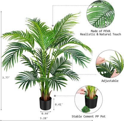 Garden 4ft Artificial Areca Palm Plant in Pot, Fake Cane Palm Silk Tree Indoor Outdoor, Dypsis Lutescens, 47in Lifelike Faux Silk Plant Home Decor, Two Linen Bags Included