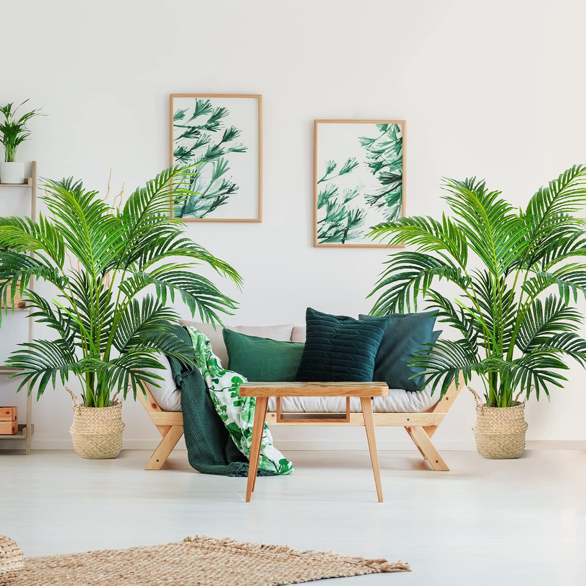 Garden 4ft Artificial Areca Palm Plant in Pot, Fake Cane Palm Silk Tree Indoor Outdoor, Dypsis Lutescens, 47in Lifelike Faux Silk Plant Home Decor, Two Linen Bags Included