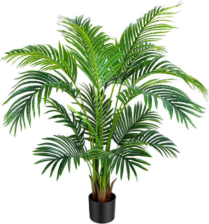 Garden 4ft Artificial Areca Palm Plant in Pot, Fake Cane Palm Silk Tree Indoor Outdoor, Dypsis Lutescens, 47in Lifelike Faux Silk Plant Home Decor, Two Linen Bags Included