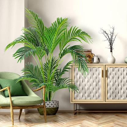 Garden 4ft Artificial Areca Palm Plant in Pot, Fake Cane Palm Silk Tree Indoor Outdoor, Dypsis Lutescens, 47in Lifelike Faux Silk Plant Home Decor, Two Linen Bags Included