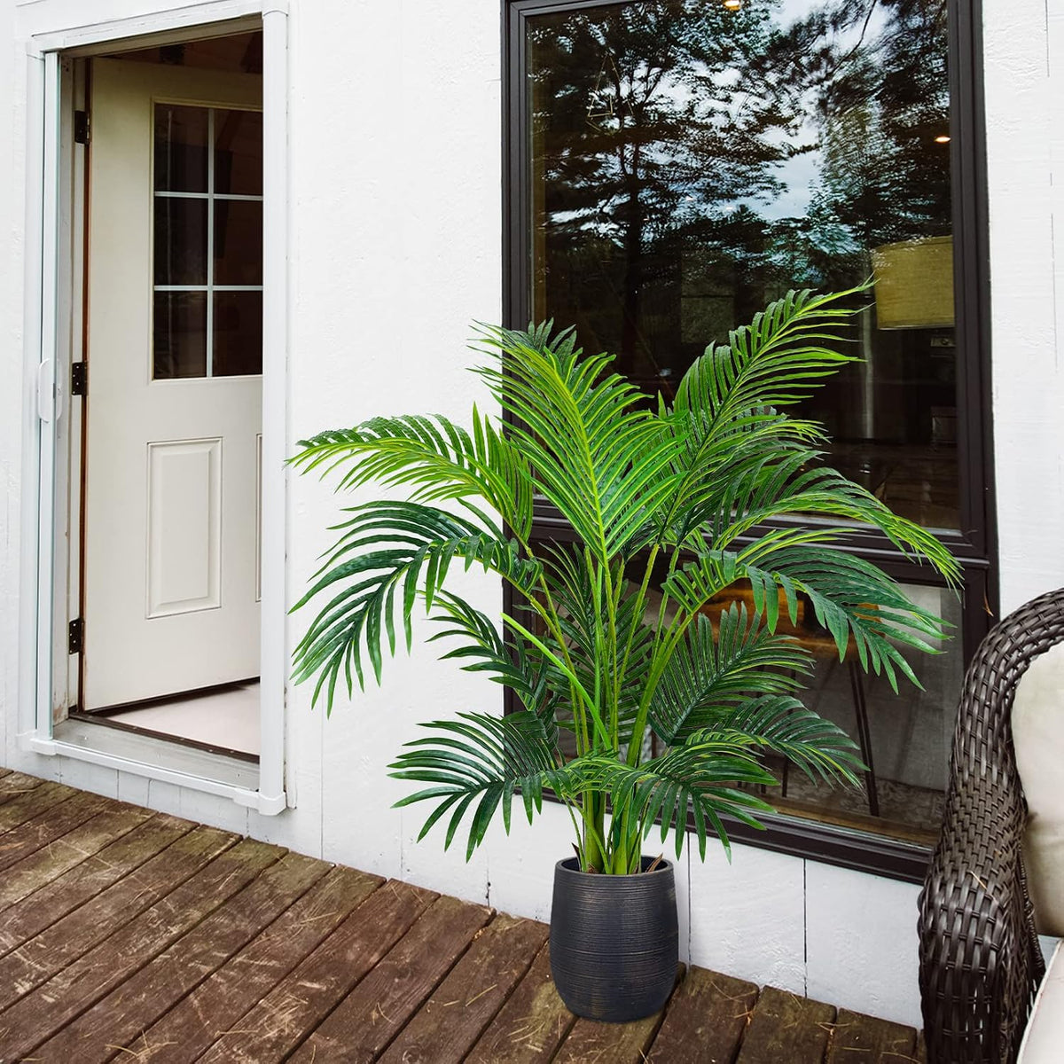 Garden 4ft Artificial Areca Palm Plant in Pot, Fake Cane Palm Silk Tree Indoor Outdoor, Dypsis Lutescens, 47in Lifelike Faux Silk Plant Home Decor, Two Linen Bags Included