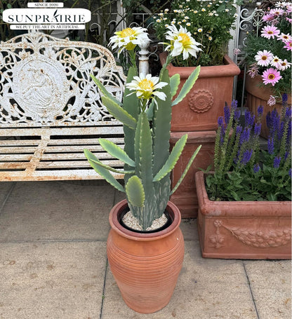 33 Inch Large Artificial Cactus with Lilly White Flowers in Pot with Natural Gravel. Satin Finish Leaves with Real Look and Feel. Outdoor and Indoor Faux Plants.