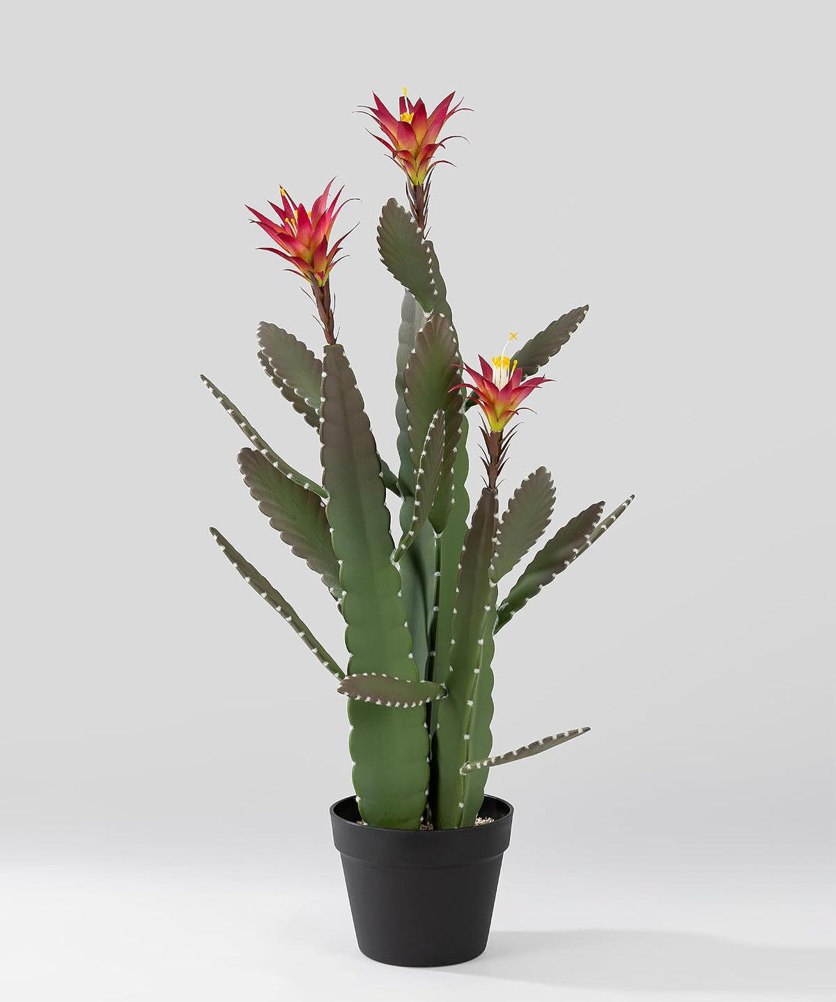33 Inch Large Artificial Cactus with Lilly White Flowers in Pot with Natural Gravel. Satin Finish Leaves with Real Look and Feel. Outdoor and Indoor Faux Plants.