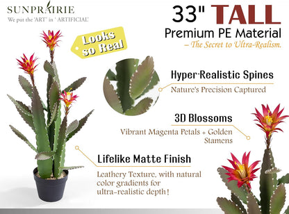 33 Inch Large Artificial Cactus with Lilly White Flowers in Pot with Natural Gravel. Satin Finish Leaves with Real Look and Feel. Outdoor and Indoor Faux Plants.