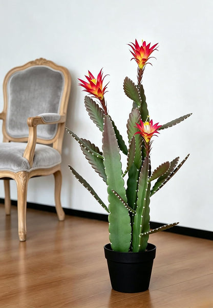 33 Inch Large Artificial Cactus with Lilly White Flowers in Pot with Natural Gravel. Satin Finish Leaves with Real Look and Feel. Outdoor and Indoor Faux Plants.