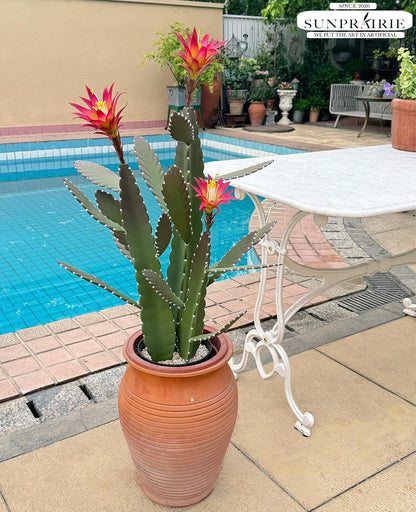 33 Inch Large Artificial Cactus with Lilly White Flowers in Pot with Natural Gravel. Satin Finish Leaves with Real Look and Feel. Outdoor and Indoor Faux Plants.