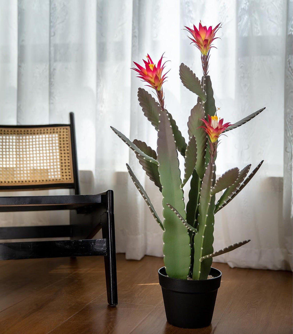 33 Inch Large Artificial Cactus with Lilly White Flowers in Pot with Natural Gravel. Satin Finish Leaves with Real Look and Feel. Outdoor and Indoor Faux Plants.