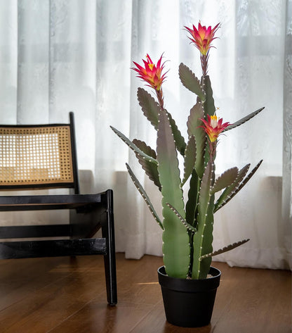 33 Inch Large Artificial Cactus with Lilly White Flowers in Pot with Natural Gravel. Satin Finish Leaves with Real Look and Feel. Outdoor and Indoor Faux Plants.