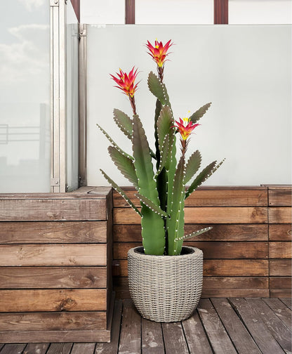 33 Inch Large Artificial Cactus with Lilly White Flowers in Pot with Natural Gravel. Satin Finish Leaves with Real Look and Feel. Outdoor and Indoor Faux Plants.