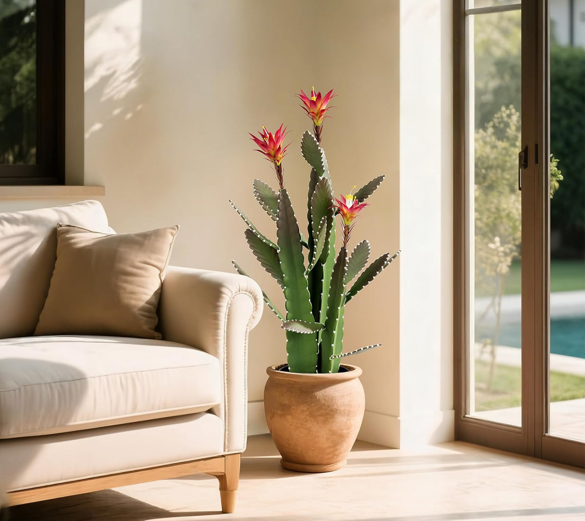 33 Inch Large Artificial Cactus with Lilly White Flowers in Pot with Natural Gravel. Satin Finish Leaves with Real Look and Feel. Outdoor and Indoor Faux Plants.