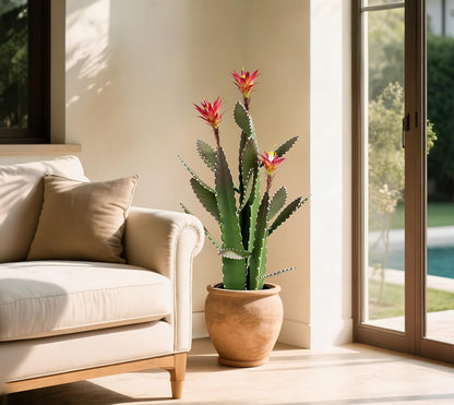 33 Inch Large Artificial Cactus with Lilly White Flowers in Pot with Natural Gravel. Satin Finish Leaves with Real Look and Feel. Outdoor and Indoor Faux Plants.